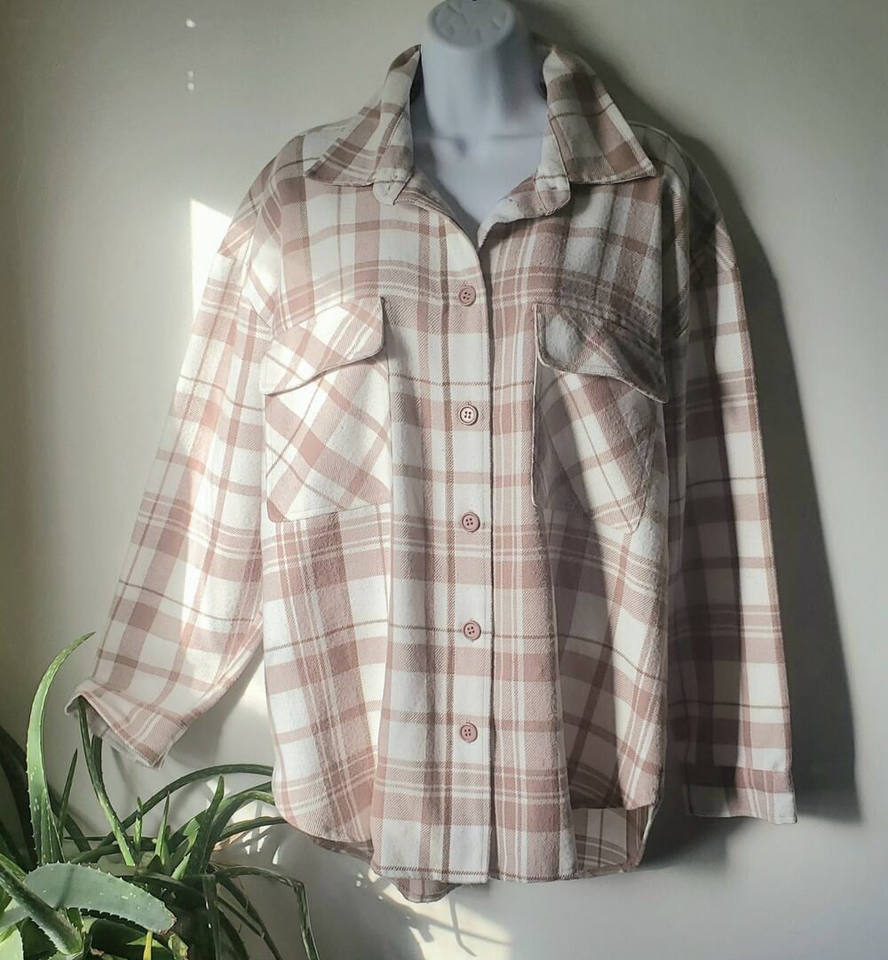 Stella Tweed Cream Tan Plaid Long Sleeve Shacket Womens Size Medium Cowgirl Boho